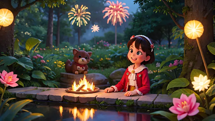 Create a reflective scene with Pippa smiling, looking back on the successful gala. Include a touch of fireworks lighting up the sky in the background. In a vibrant and magical forest.