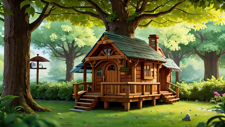 Illustrate Pippas cozy treehouse nestled high among the leaves. Emphasize the playfulness and charm of the pixies abode.