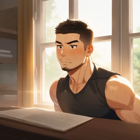 1 muscular athlete, He was wearing a tight black vest, In the comfort of your own bedroom, sitting at desk, The sun shines through the window, Sweat, short hair, raised eyebrows, V-shaped eyebrows, Jiliu, blush, beard, 16k, Ultra-detailed, high detail, bes...