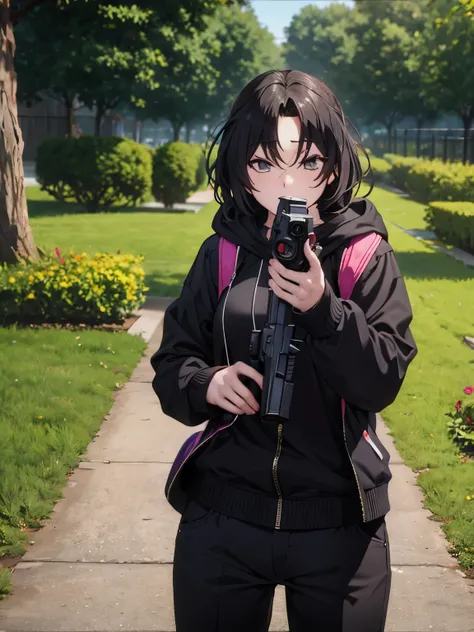 1 girl,black hoodie, dominique de sade,black trousers, holding a gun, shooting, ultra detail