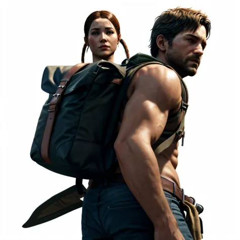 "close-up of a man carrying a backpack and bow, naughty dog《the last of us》rendering (sweet and innocent expression) in a post-a...