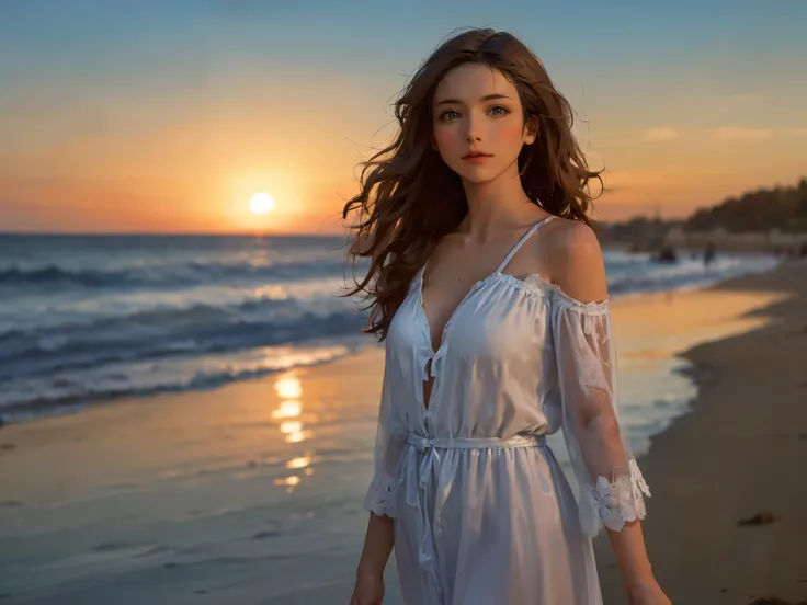 beautiful evening beach with stars, waves illuminated by the setting sun, calm and quiet waves、beautiful woman walking on a sand...