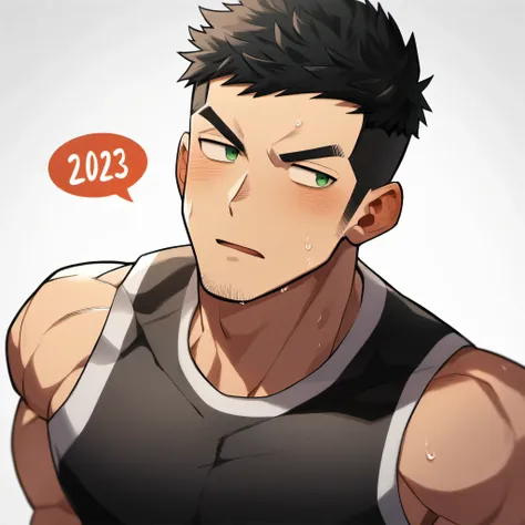 1 sports boy, male focus, Black tight vest, muscular male, muscular, only, Upper body, alone, look to the side, dialog box, short hair, stubble, blush, Sweat, black hair, green eyes, open lips, White background, simple background, amazing quality, best aes...