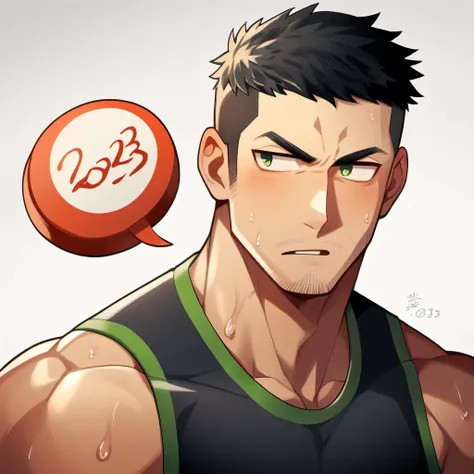 1 sports boy, male focus, Black tight vest, muscular male, muscular, only, Upper body, alone, look to the side, dialog box, short hair, stubble, blush, Sweat, black hair, green eyes, open lips, White background, simple background, amazing quality, best aes...