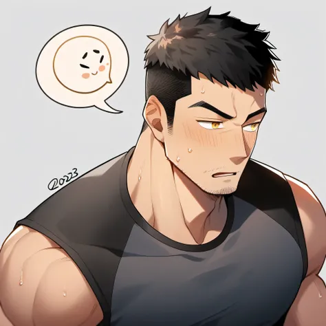 1 sports boy, male focus, Black tight vest, muscular male, muscular, only, Upper body, alone, look to the side, dialog box, short hair, stubble, blush, Sweat, black hair, yellow eyes, open lips, White background, simple background, amazing quality, best a...