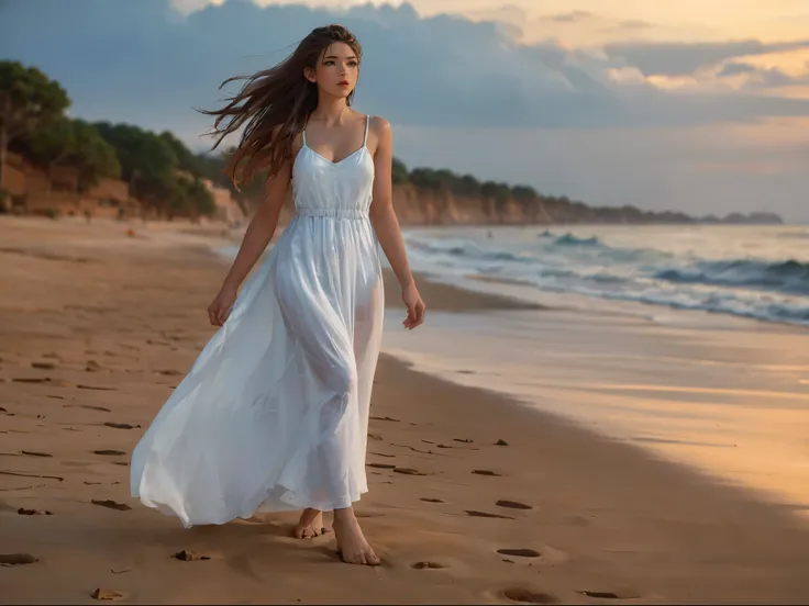 Beautiful evening beach with stars, waves illuminated by the setting sun, Calm and quiet waves、Beautiful woman walking on a sandy beach on a small island, gentle smile, beautiful blue eyes, long brown hair, (( The womans face is beautiful and detailed)), W...