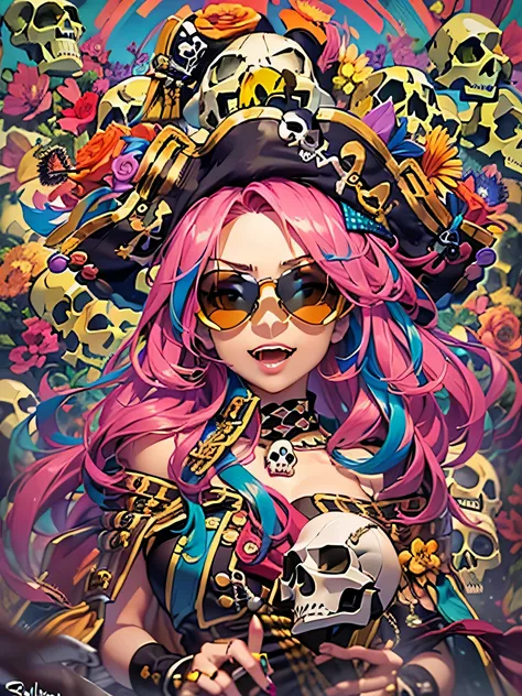 official art，unity 8k wallpaper，Super detailed，Works by stars of the beauty and esthetics industry，highest quality，（and colorful graffiti walls），1 girl，pink hair，green eyes，very detailed，dynamic angle，Pirate Shots，the most beautiful form of chaos，elegant，b...