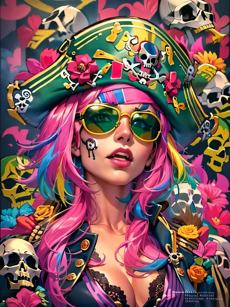 official art，unity 8k wallpaper，Super detailed，Works by stars of the beauty and esthetics industry，highest quality，（and colorful graffiti walls），1 girl，pink hair，green eyes，very detailed，dynamic angle，Pirate Shots，the most beautiful form of chaos，elegant，b...