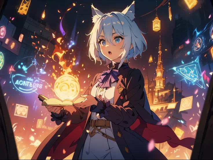 masterpiece, A world where magic and technology coexist, man with cat ears (gray hair, short hair) ，boyish，Hone your skills、Let&#39;s go on a journey to uncover the secrets of power.., beautiful eyes、depicted in detail. The magician makes the most of the p...