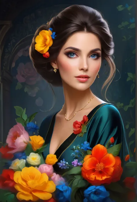 close-up of a woman with flowers in her hair, elegant digital painting, beautiful art uhd 4k, renaissance digital painting, fant...