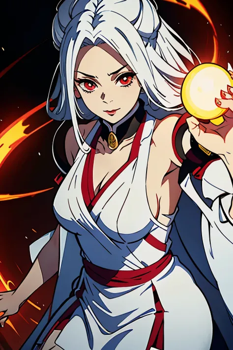 Woman dressed in samorai outfit and long white hair and powerful red eyes and a katata e