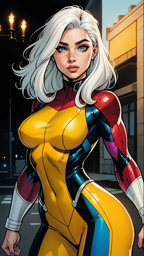 A woman, white hair, hair with bangs, 90s x-men uniform, outside, Marvel art style, comic, blue eyes, some freckles, dark yellow spandex, red accent