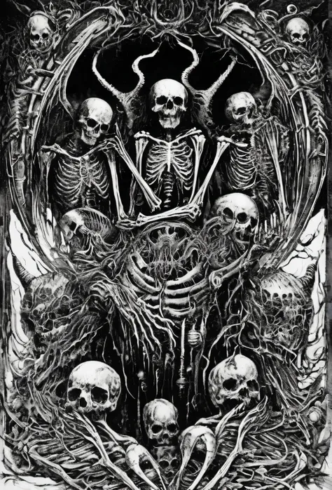 black and white image of a set of skeletons surrounded by skulls, highly detailed dark art, mark reddick, 详细的 4k horror art作品, a...