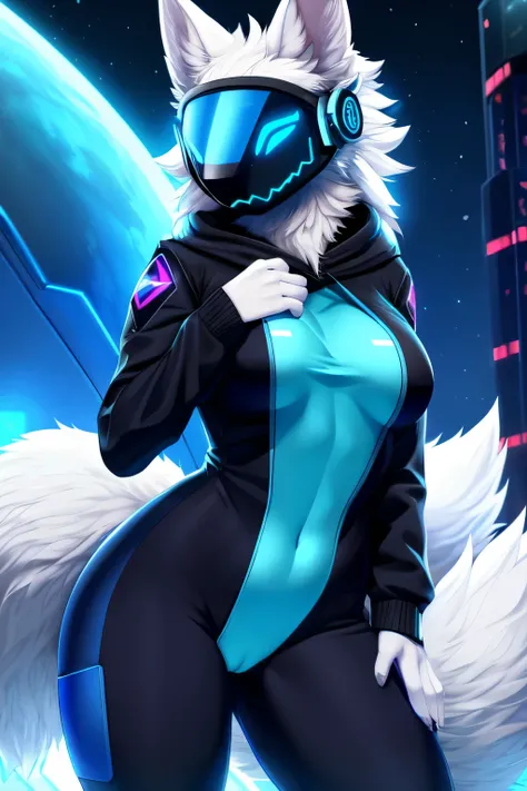 8k, 4k, Detailed, High quality, furry, female, mature female, by kame 3, arctic protogen, long visor, blue visor, fluffy tail, sexy body, futuristic sexy assasin, intimate blue bodysuit, black hoodie