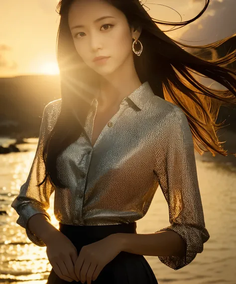 woman looking at the sea、Woman standing on the beach with the setting sun behind her at dusk、Depth of the bounds written、Soft orange light illuminating a woman、((thick waist))、skin texture、the person is clear、nostalgic atmosphere、one woman standing、light m...