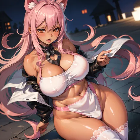 (((((1girl))))), pink hair, ahoge, (curly hair), ((very long hair)), ((half-closed eyes)), bear ears, (((fang))), ((((((dark skin)))))), (huge breasts), ((brown eyes)), (thick thighs), ((thick lips)), (((wide hips))), (thighhighs), ((lace)), ((pink outfit)...