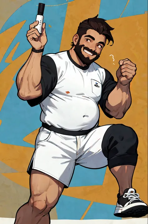 Homem de 1,80 cabelos e barba preto, half fat without belly with happy smile white shirt and brown shirt black ALL star sneakers. He is showing his drawings he is an illustrator 