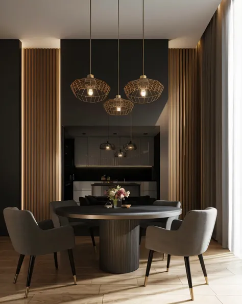 there are two chairs around a table in a room, dark and modern, in style of kyrill kotashev, cinematic accent lighting, apartment with black walls, dramatic lighting render, dim accent lighting, very realistic 3 d render, subtle and compelling lighting, in...