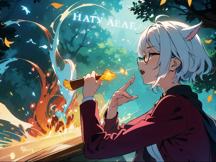 masterpiece, A world where magic and technology coexist, cat ears boy (gray hair, short hair) ，boyish，hone your skills、Set out on a journey to uncover the secrets of power., beautiful eyes、Standing in the forest，fantasy，drawn in detail. A magician makes th...