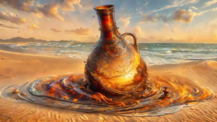 (master piece), 8k, best quality, panoramic view, overturned oil vase, spilling oil, on the beach sand