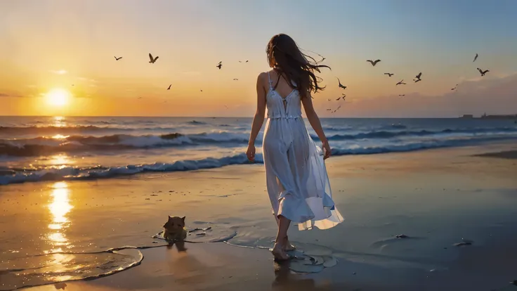 beautiful evening beach with stars, waves illuminated by the setting sun, calm and quiet waves、beautiful woman walking on a sand...