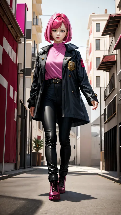 Realistic red Sozabi girl full body photo，short bob cut，hair color is bright pink，cool look，background is gray，Coat of arms of the Principality of Zeon，The 16-year-old daughter of Hamankarn and Char Aznable.，