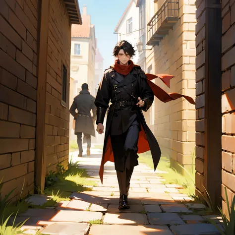 1male , Young Male , Longsleeve Black Coat , Red Scarf , Medieval Traveler Clothing , Trench coat , Walking on path , Medieval town background , Facing Viewer