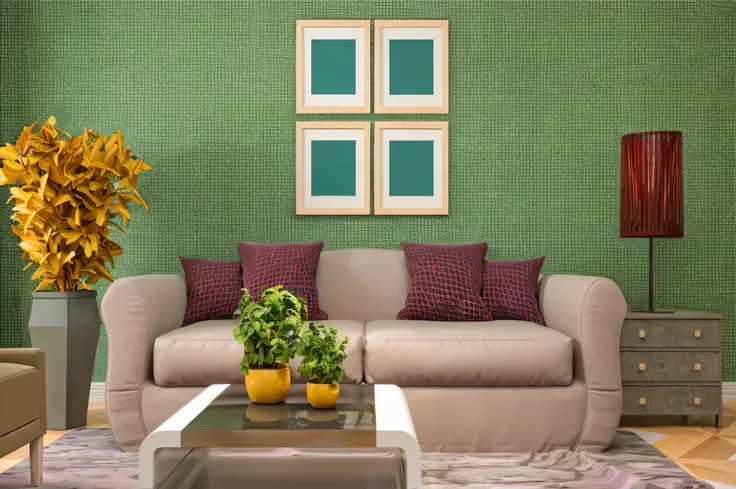 there is a couch and a table in a room with green walls, living room wall background, bold colored walls, inside a frame on a tiled wall, wallpaper on the walls, geometric wallpaper, living room background, cozy living room background, interior design back...