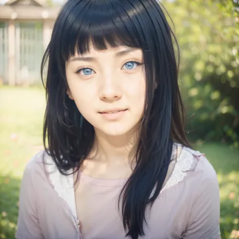 Raw photo, Hinata hyuga, 20 years old, big light blue eyes no pupils, short dark blue hair with bang, thin eyebrows, happy faces, slightly open mouth, wear pink t-shirt