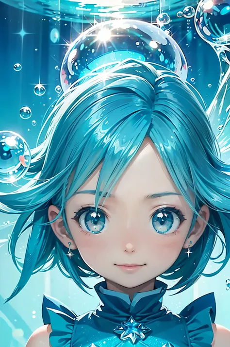 underwater，digital art style baby chibi，big head，perfect face， cute face，bright face，，(blue hair:1.3)，(shining blue eyes:1.3)，a ...