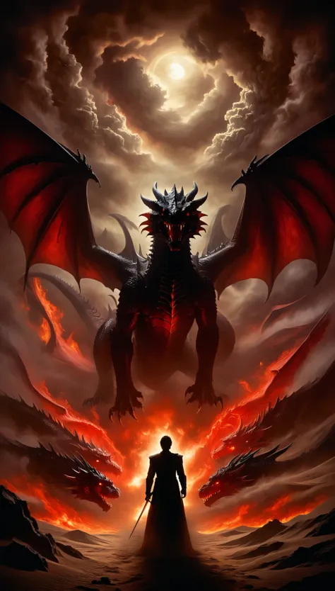 a painting of a man standing in front of a red dragons, the dark lord, dark lord, red dragon fire, the dark lord sauron, detaile...