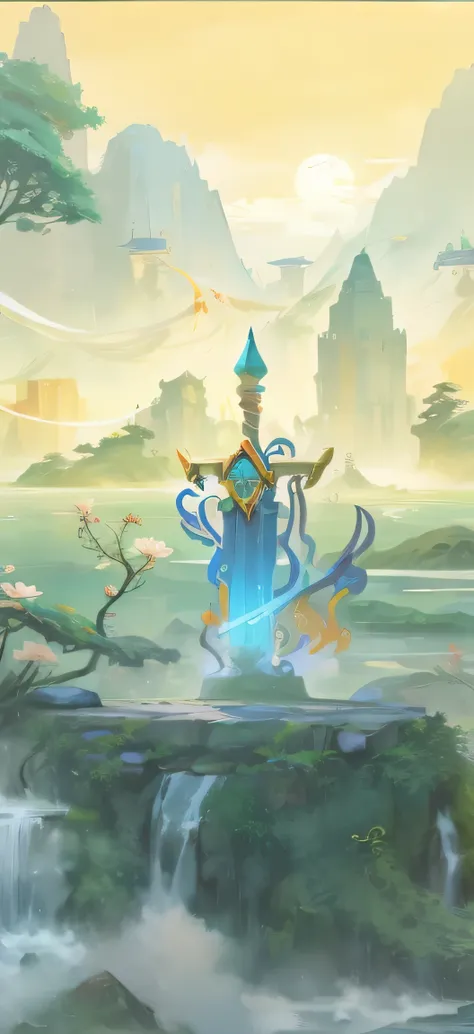 Chinese fairy tale scene,There is a sword on the stone platform in the middle