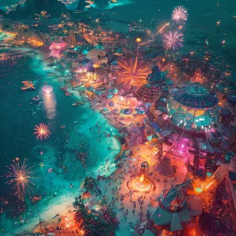 (best quality,4k,8k,highres,masterpiece:1.2),ultra-detailed,realistic:1.37,a floating man made beach in the middle of the outer space,massive beach party,shot from above,scifi,surreal,crimson and turquoise color palette,glowing neon lights,sparkling water,...