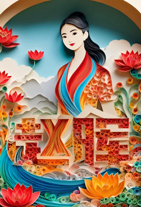 (number art, paper art,layered paper art,paper quilling,paper-cut,paper sculpture)，1 girl,mountains, tree, river，flowers，lotus， (Oriental elements, Chinese color, Advanced color matching),(3D sculpture，Render by Octane，Volumetric light), (Loss of focus, Ve...