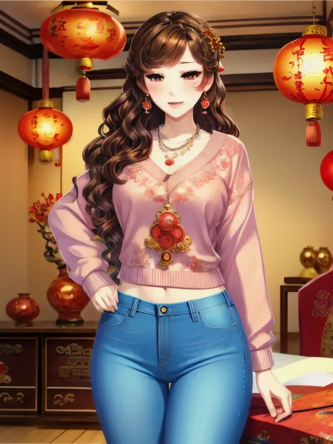 wavy hair wavy hair,（（（hair accessories）））,necklace,wear a sexy sweater,,skinny jeans,the room is filled with chinese new year d...