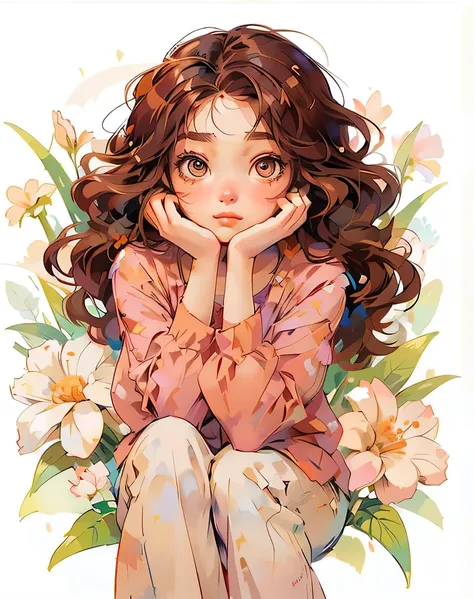 anime girl sitting on the ground covering her face with her hands, sitting there are flowers, brown hair girl, cute digital art,...