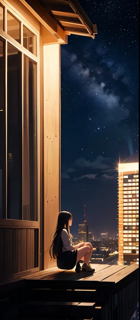 octane, null, star (null), scenery, starry null, night, 1 girl, night null, alone, outdoors, building, cloud, milky way, sitting, wood, long hair, city, silhouette, cityscape  