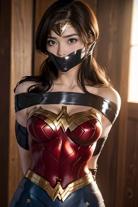 perfect wonder woman costume,1 girl, brown hair, , improvised gag, tape gag, gagged, duct tape, tape bondage, turn your arms beh...