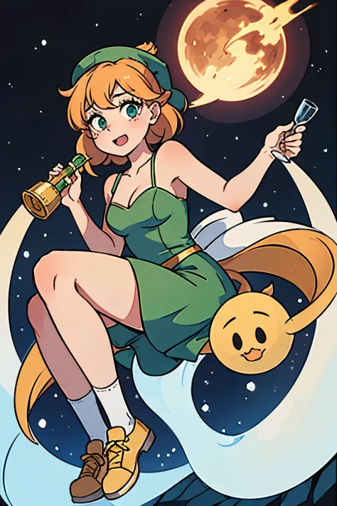 
create a cartoon-style graphic of Tinkerbell in a Santa hat and Santa socks sitting on the moon. But still needs to have the green dress. And she needs to have a glass of sparkling wine in her hand. And she needs to have a gloriole, in a breathtaking comp...