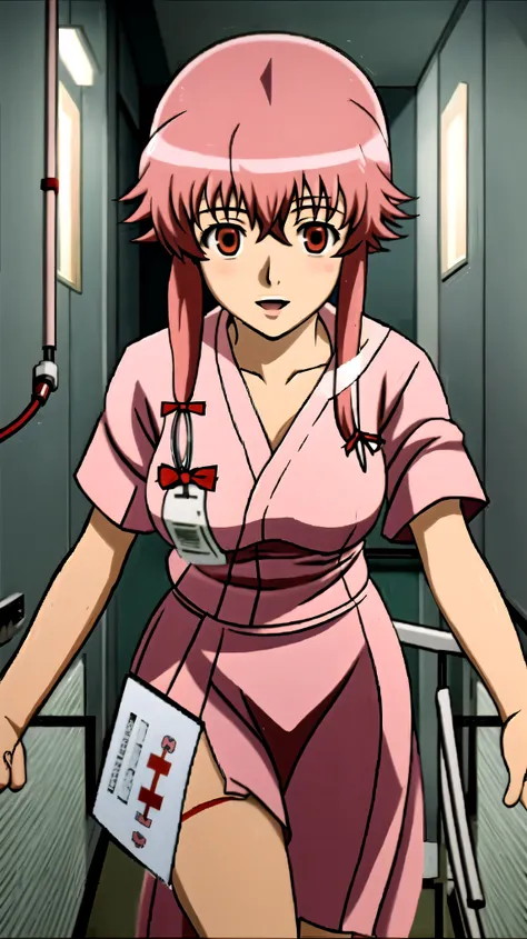 anime_still, masterpiece, best quality, 1girl, Gasai Yuno,large breasts, red eyes, (hospital gown:1.5), Psychiatric hospital, insane, ((padded room)), asylum, 