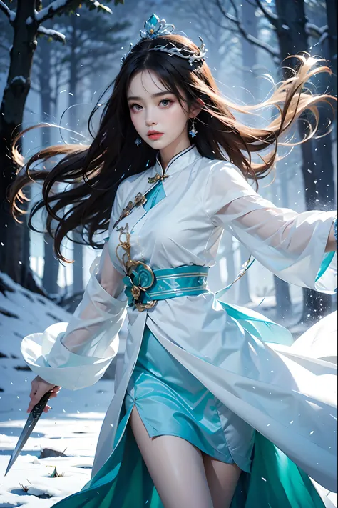 1girl,ice blue dress, silver jade qiong, wearing a jade phoenix crown, holding a snow lotus flower sword, figure looming, wander...