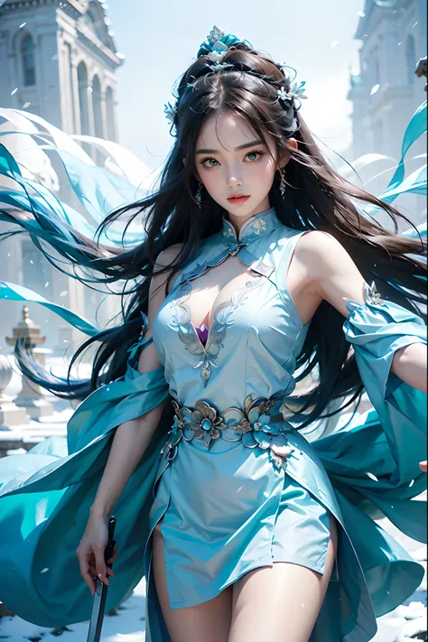 1girl,Ice Blue Dress, Silver Jade Qiong, wearing a jade phoenix crown, holding a snow lotus flower sword, figure looming, wandering alone, snow-covered ice lake, deep pine forest, white snow, Ice Lake, cold as ice, graceful as jade, noble and mysterious, 1...