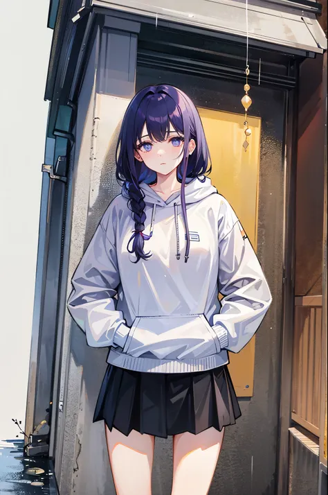 ((top quality))、((masterpiece))、((very detailed))、1 woman、It&#39;s ridiculously absurd.、oversized hoodie, distance、outdoors、rain、neon、brightly colored eyes、hands in pockets、dripping, expressionless, purple hair, braided hair, head thrown back, A city that ...