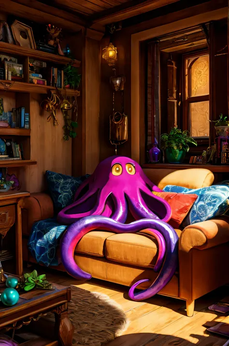 A giant octopus lay on an old sofa, many eyes, fractal shade of tentacles, smooth shiny colorful skin, a lot of stuffed gems and various clutter and mess in the background, difficult, very detailed