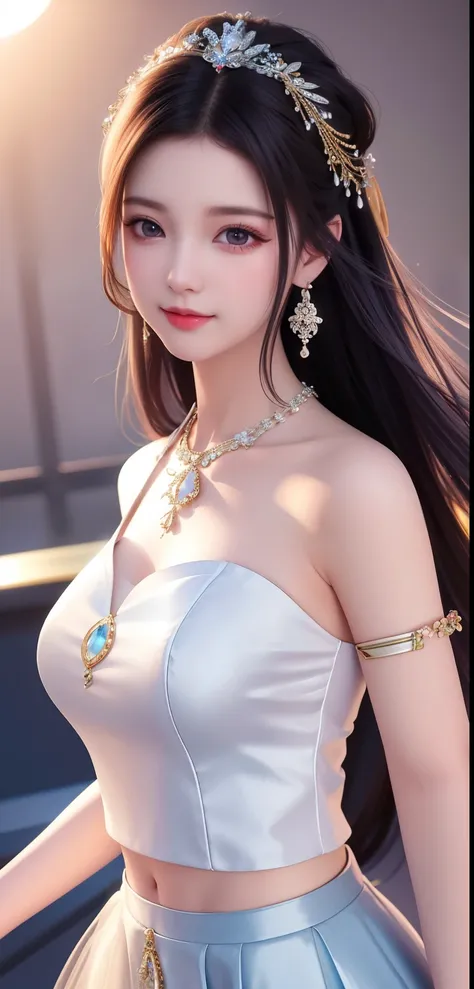 best quality, masterpiece, high resolution, 1 girl, clear silk porcelain skirt, pretty face, hair accessories, looking at the audience, smiling, shut your mouth, lips, skirt, hair accessories, necklace, jewelry, long hair, earrings, pretty face, physically...