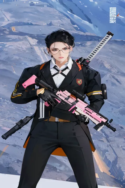 there is a man in a suit holding a pink and black gun, m4 sopmod ii girls frontline, holding pdw, jk uniform, sharp silver armor fuchsia skin, holding jagged scimitar, pink skin, with rifle, ingame image, holding a mp7, wielding assault rifle, assault rifl...