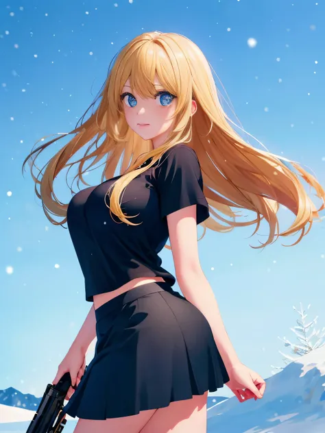 1woman,super beautiful,walk At the north pole, standing,snowing,Holding a gun, shooting,half body photo,Focus on face,Beautiful eyes, very detailed face, HD face, perfect face,black t-shirt,black mini skirt,tennis skirt,Very big breasts,Blonde hair,long ha...