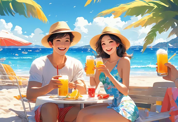 beach,100 people,Men and women in swimsuits,cheers,barbecue,drinking beer,リゾートbeachの背景,summer sunshine,masterpiece,rich colors,highest quality,official art,fantasy,colorful,Happy,smile,,I&#39;looking forward to it,happiness,nice background,Fun time,Sparkli...