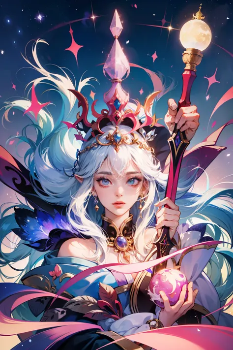 Anime - style illustration of a woman with a magic wand and a crystal ball, white-haired god, Keqing from Genshin Impact, Mago da Terra Feminino, Beautiful celestial mage, goddess of nature, An elf queen, Onmyoji detailed art, portrait of a forest mage, go...