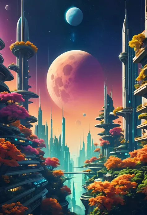 universe，Science fiction，futuristic city，retro，plant，fall，levitation，planet，moon，Heaven，flat，spaceship，night